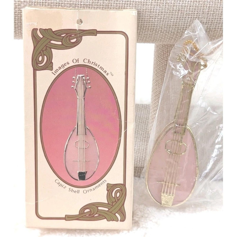 Vintage Russ Berrie Images of Christmas Capiz Shell Mandolin Ornament Pink w/...